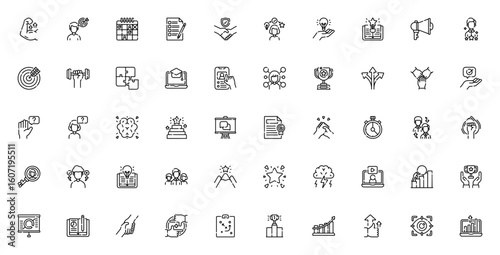 Mentoring and training icon set. Vector illustration. Includes symbols for coaching, growth, success, motivation, team, skill, learning, strategy, goal, and more. Editable linear icons.