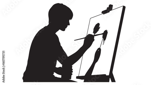 Silhouette of Artist Painting at Easel, Vector Illustration