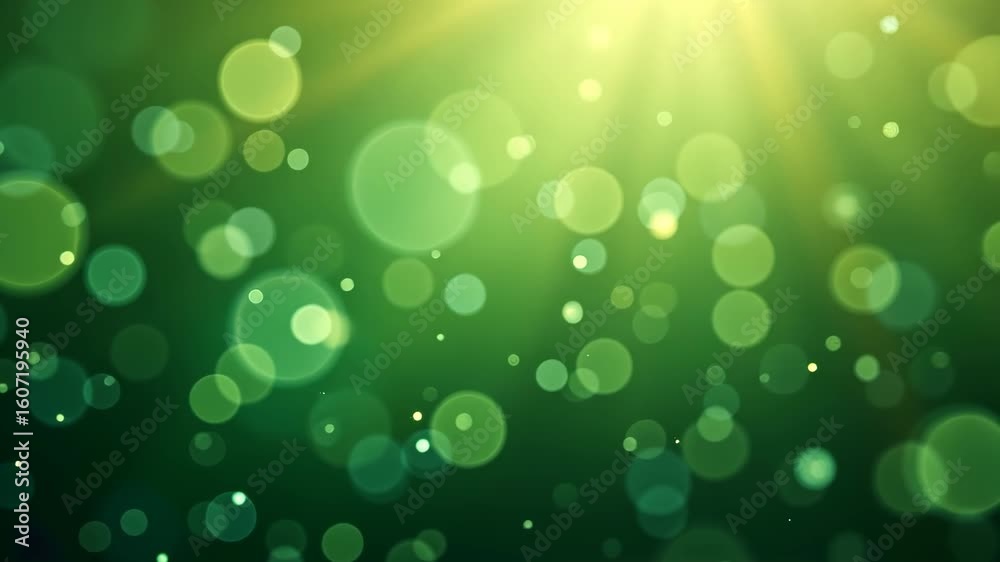 Vivid green bokeh lights with radiant sunlight shining through dynamic shimmering background