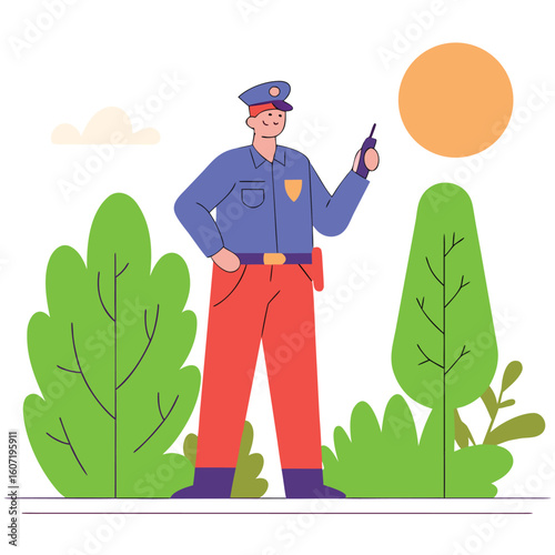 A friendly police officer stands guard amidst lush greenery under a warm sunny sky