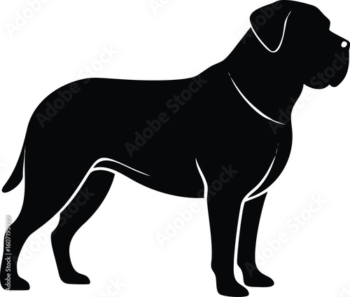 Bullmastiff dog silhouette with broad head, muscular frame, and curled tail in powerful stance