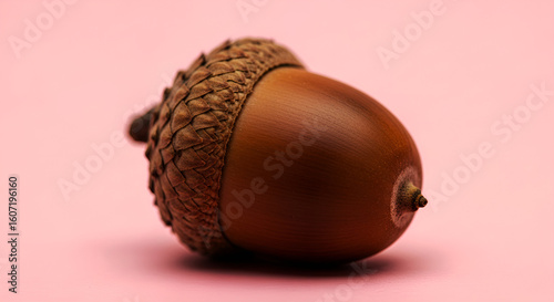 Nature's Tiny Promise: A Perfectly Formed Acorn, Harbinger of a Mighty Oak, Resting on a Gentle Pink Hue