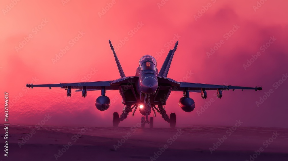 Naklejka premium Twin Jet Engine Aircraft Taking Off at Sunrise with Colorful Sky
