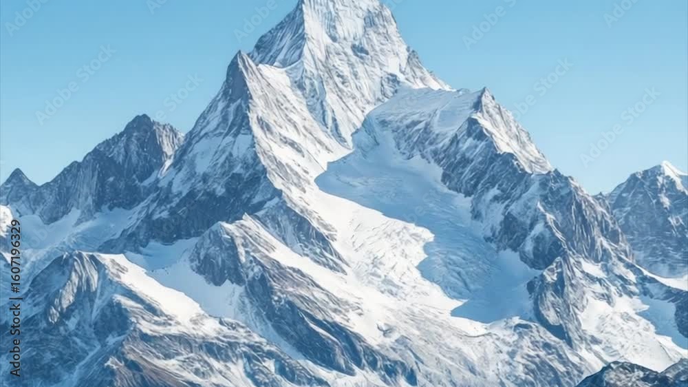 Majestic snow-capped mountain peak against a clear blue sky.  A vast landscape of icy peaks and valleys