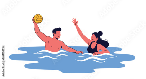 Two people playing a water sport in the pool with a ball having fun together outdoors