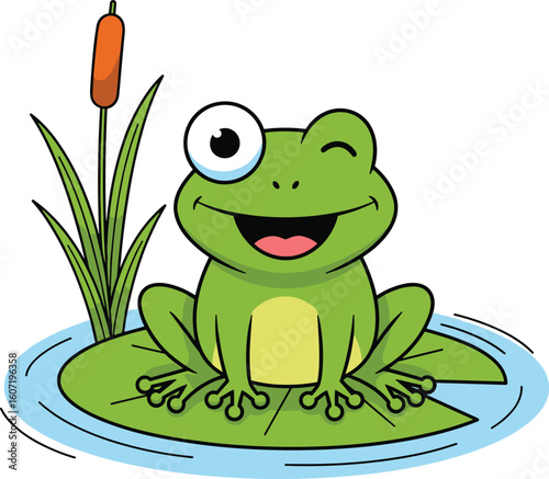 Smiling cartoon frog sitting on lily pad with cattail in pond, winking face, funny amphibian, cad drawing flat vector illustration concept
