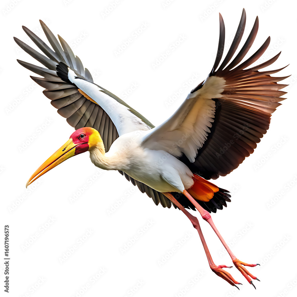 Fototapeta premium Yellow white black billed stork in flight isolated on white and transparent background