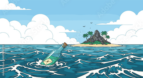 A bottle with a message drifts toward a desert island on a sunny day