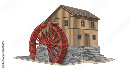 Historic watermill structure with a large red waterwheel powered by flowing water demonstrating early industrial technology for grinding grain and milling operations