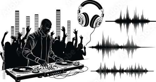 Dynamic DJ mixing music for ecstatic crowd in silhouette with headphones and audio waves for vibrant nightlife event promotions