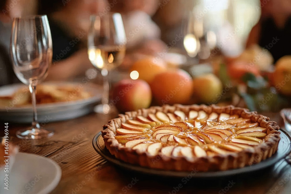 Fototapeta premium Autumnal apple tart on a rustic table, surrounded by glasses, dishes, and autumnal fruits