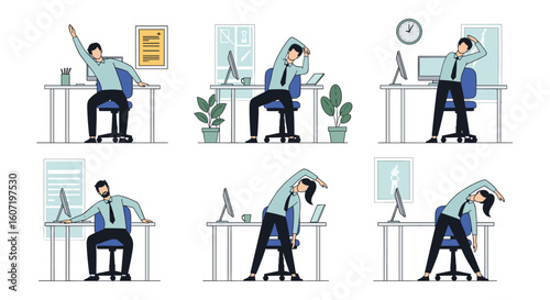 Office workout routine for employees improving posture and reducing strain