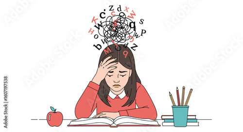 Young student experiencing overwhelming learning challenges and mental overload during study session