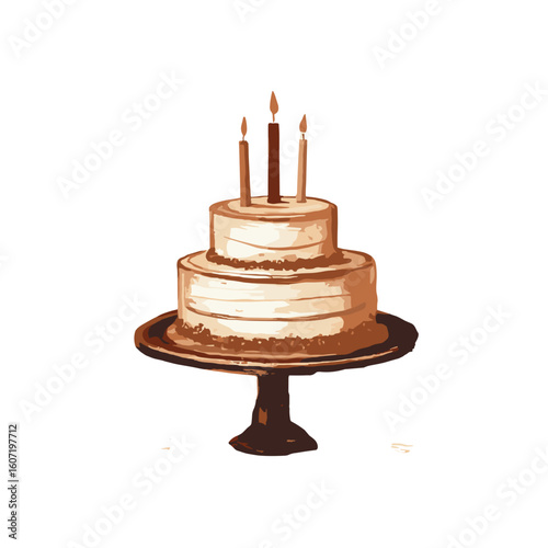 Birthday cake with three candles on a stand in classic style  