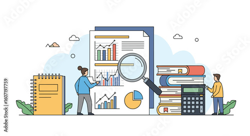 Understanding financial data analysis through charts graphs and magnifying glass for business growth
