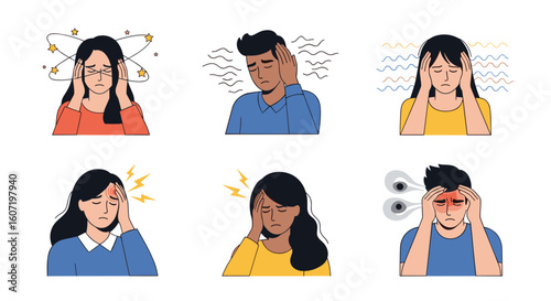 Illustrations of people experiencing headaches migraines and various types of head pain and discomfort