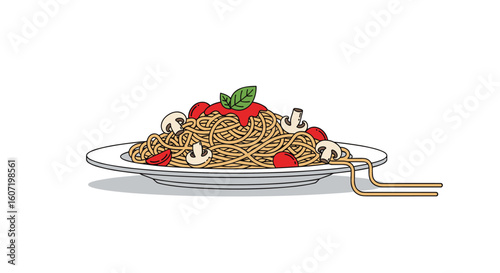 Delicious plate of spaghetti pasta with mushrooms tomatoes and fresh basil topped with savory sauce