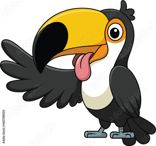 Funny cartoon toucan with large yellow beak, tongue out, wings open, exotic tropical bird character, cad drawing flat vector illustration design