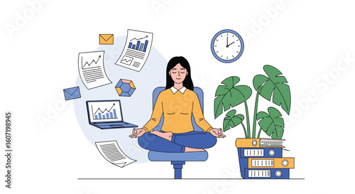 Woman meditating calmly surrounded by flying papers and office supplies finding inner peace