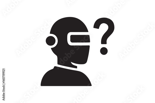 Robot head with question mark ethical dilemma silhouette vector art illustration on white background