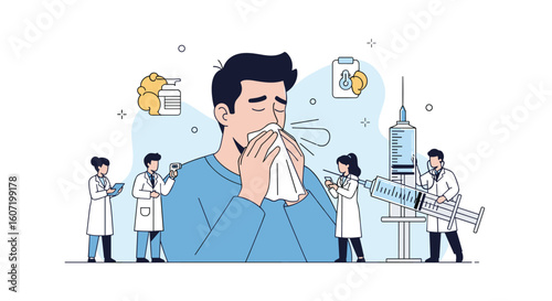 Medical professionals administering flu vaccine to patient experiencing cold symptoms illustration