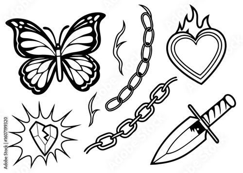 Vintage Tattoo Elements: A collection of classic tattoo designs, with a detailed butterfly, fiery heart, broken heart, chains, flames, and a dagger, all rendered in a clean black and white style. 