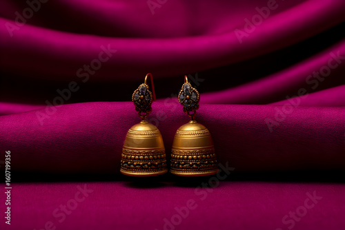 Intricate golden earrings displayed on vibrant fuchsia fabric, showcasing traditional craftsmanship and elegance in jewelry design