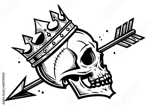 Royal Skull Symbol: A monochrome graphic illustration, a skull adorned with a regal crown, pierced by an arrow, capturing the essence of power and mortality in a dark, edgy, artistic design.