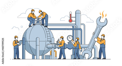 Industrial maintenance team collaborating on complex piping system repairs and operational checks