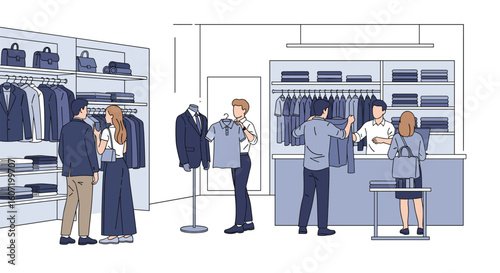 Men and women browse stylish clothing selections at an upscale fashion boutique with attentive staff assisting customers