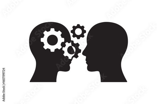 Two heads with connected gears communication concept silhouette vector art illustration on white background