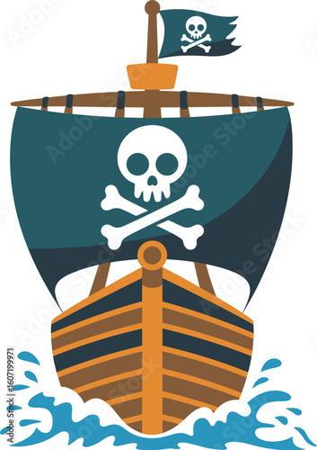 Cartoon pirate ship sailing forward on ocean water, skull and crossbones flag, wooden boat vector illustration, cad drawing flat vector illustration