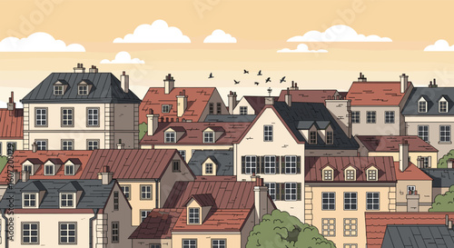 Charming old european city rooftops on a sunny afternoon with birds flying overhead