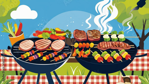 Abundant Summer Barbecue Feast with Steaks, Burgers, and Kebabs