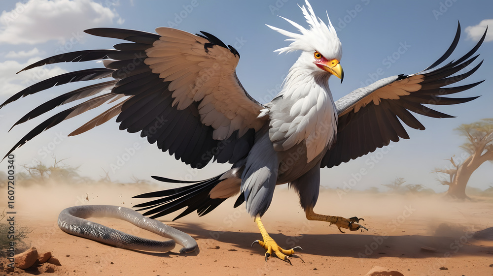 Fototapeta premium With lightning speed, a Secretary Bird delivers a powerful stomp to a venomous snake coiled on the dry earth