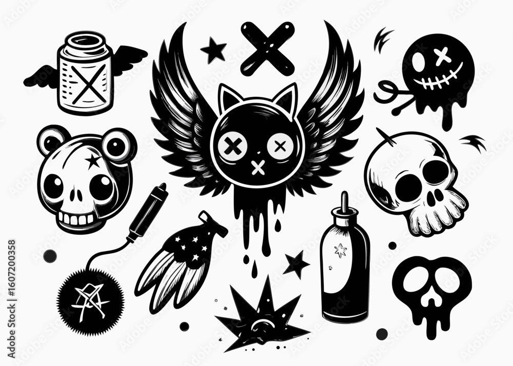 Cute vector cartoon set of funny Halloween monsters, skulls, and animals Cute vector cartoon set of funny Halloween monsters, skulls, and animals