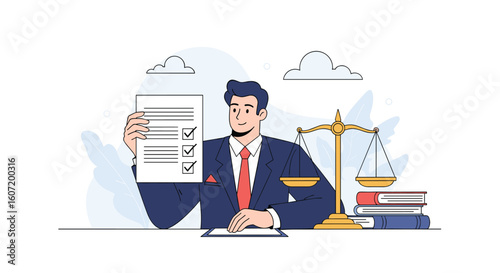 Professional lawyer demonstrating legal document checklist and weighing justice with law books illustration