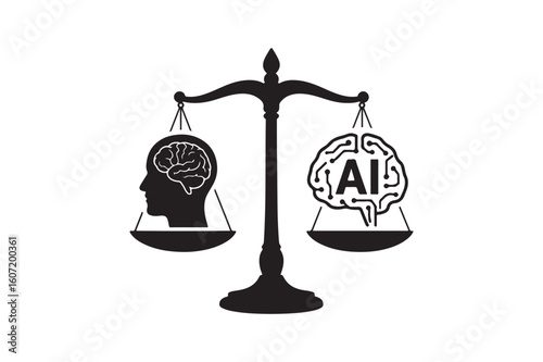 Artificial intelligence brain balance scale silhouette vector art illustration on white background