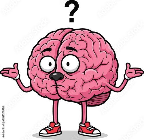 Confused cartoon brain character with arms and legs wearing sneakers, question mark above head, funny emotion concept, cad drawing flat vector illustration
