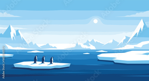Three charming penguins stand on a small ice floe surrounded by vast blue ocean waters under a bright sun and majestic snow-capped mountains in this pixel art landscape