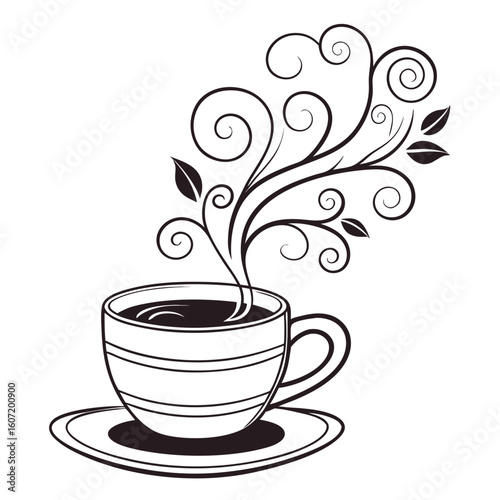 Stylized illustration of a steaming coffee cup with decorative swirls and leaves