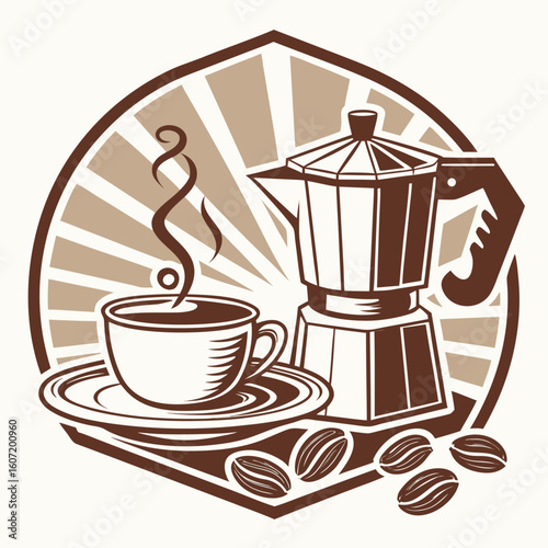 Vintage style coffee emblem with moka pot and steaming cup