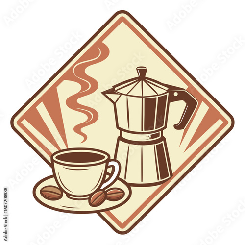 Vintage style coffee cup and moka pot with coffee beans