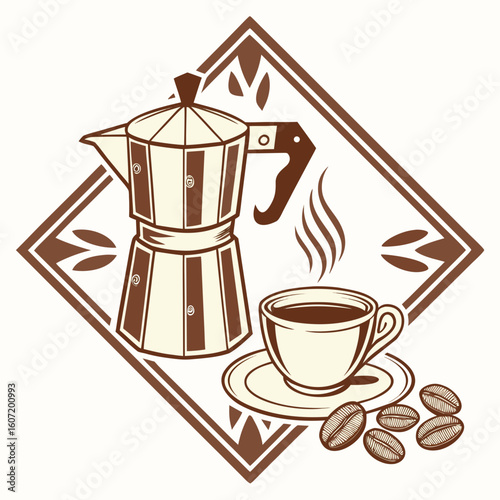 Vintage style coffee illustration with moka pot cup and beans
