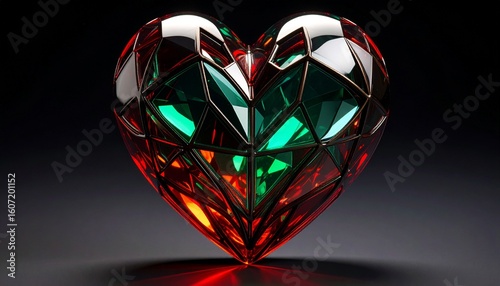 Abstract love Heart Shaped Glass Sculpture with Red and Green Featuring Design, Generated with AI.