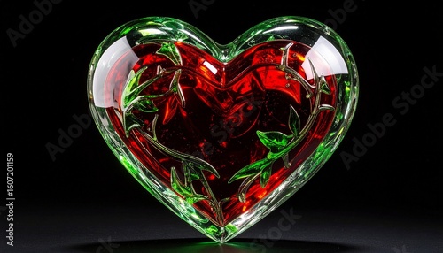 Abstract love Heart Shaped Glass Sculpture with Red and Green Featuring Design, Generated with AI.