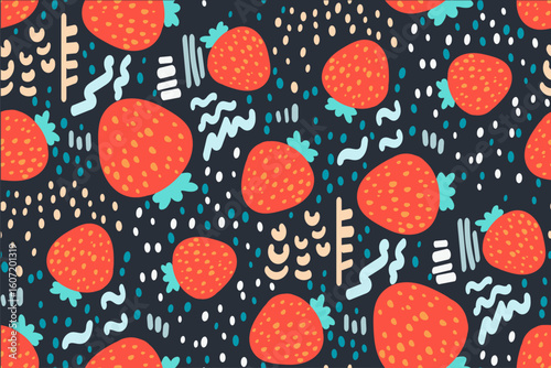 Hand drawn seamless pattern with red strawberries and various geometric shapes, dots on a dark background. Fruit print in the style of Memphis. Creative modern design. Vector illustration.