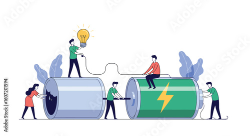 Creative team collaborating together to connect battery power and generate bright ideas for innovation
