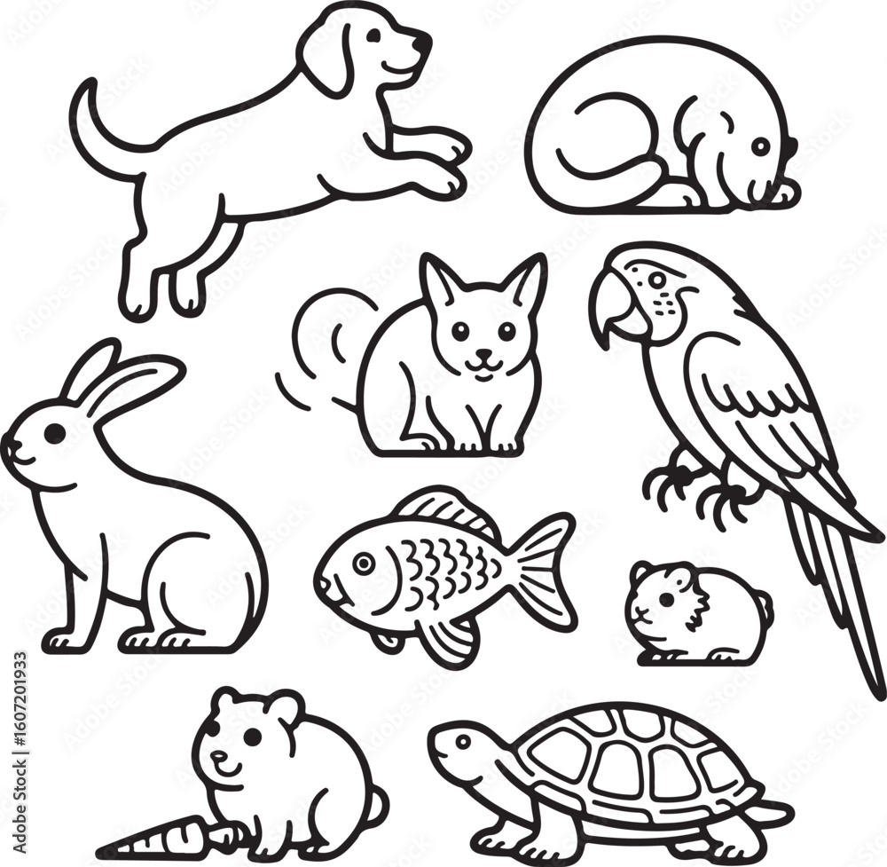 Naklejka premium Domestic Pet Line Art Icons — Outline Set of Small Animals Cat, Dog, Goldfish, Guinea Pig, Rabbit, Turtle, Parrot, Hamster