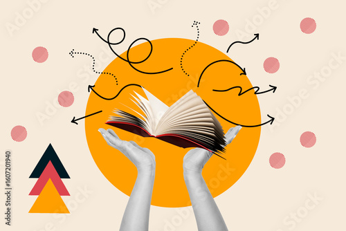 Collage of woman hand and an open book on an orange circle on beige background with circles, arrows and triangles